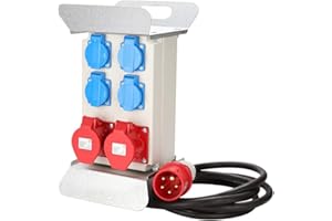 Randaco Distribuidor de corriente CEE 2 x 16 A 400 V + 4 x 230 V 5 polos IP44 Schuko distribuidor de pared con tapa de seguridad para obras