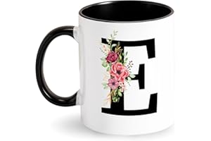 TARKLANDA Tasse avec Lettre Tasse à Café Alphabet Tasse avec Initiale et Motif Floral Tasse Personnalisé Mug Noire Cadeau pour Dame, Femme, Maman, Amie, Cadeau pour Anniversaire, Fête des Mères (E)