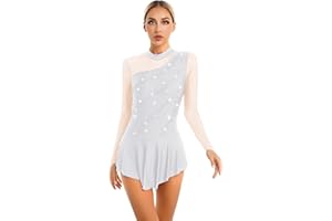 ranrann Femme Robe Patinage Artistique Strass Justaucorps Manche Longue Bodysuit Gymnastique Leotard Gym Brillant Spectacle Compétition S-XXL