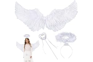 KOIROI Ali d'angelo, bianco, 60 cm, costume da angelo per bambini, 3 pezzi, costume da angelo con alone e bacchetta magica per bambini, costume da cupido da donna per Halloween, carnevale, cosplay