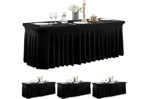 NSSONBEN Zestaw 4 czarnych obrusów ze spandexu na stoły prostokątne o długości 180 cm, bez fałd, ze spódnicą, na bankiet, imprezę, wesele, urodziny, spotkanie, jako dekoracja