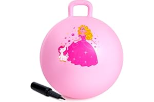 INPODAK Hüpfball für Kinder, 45cm Springball mit Griff,Hüpf bäll ab 3 Jahre,18 Zoll Hüpfball mit Handpumpe,Innenbereich Außenbereich Garten Jumping Ball,Rosa Prinzessin