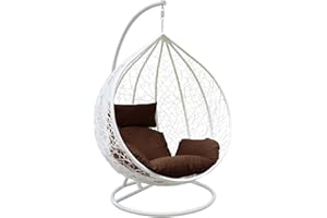 Rattan Swing Egg Chair | Holywarm Garden Swing Chair with Cushion | Indoor Outdoor Hanging Chair with Stand | Hammock Egg Chairs for Garden Bedroom Balcony (White Egg Chair + Brown Cushion)