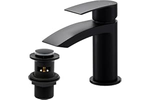 BATHWEST Black Waterfall Basin Mixer Taps with Drain, Pop Up Waste, Chromed Brass Monobloc Basin Taps with Sink Plug 882AMB