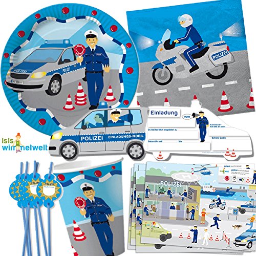 90-teiliges POLIZEI PARTY SET für Kindergeburtstag mit 8 Kinder: Teller, Becher, Servietten, Einladungen, Platzsets, Trinkhalme, Luftballons, u.v.m. von Riethmüller // Motto Deko Fest Kinder Geburtstag Polizist Police