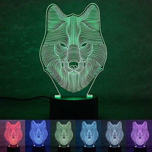 PAIGOU Wolf 3D Optical Illusion Desk Lamp 7 Colors Change Touch Button USB Nightlight Produces Unique Visualization Lighting Effects Art Sculpture Light