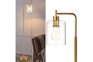 Depuley Modern Gold Led Floor Lamp, Eye-Care Standing Lamp with Hanging Glass Shade,Industrial Metal Floor Light,Reading Floor Lamps for Living Room,Bedroom,E27 Socket(6W A60,LED Edison Bulb Included)