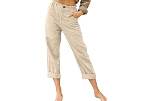 Yutdeng Pantalones Lino Mujer Verano Ligeros Pantalones de Verano 3/4 Casual Pantalones Anchos con Bolsillos Cintura Alta Elástica Pantalones de Playa Algodón Lino Pantalones Suelto