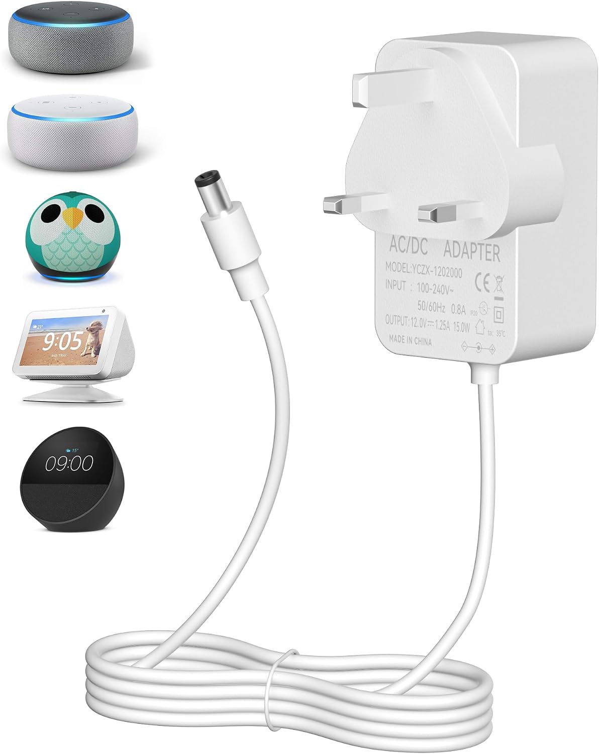 Binamao 12V 1.25A 15W Power Supply Charger Compatible with Echo Dot (3rd/4th/5th Gen) Echo Dot with 3/4 Gen Echo Dot Kids Edition 3/4 Gen Echo Show 5 (1/2Gen) Echo Spot Fire TV Cube, 1.5M Cord - White