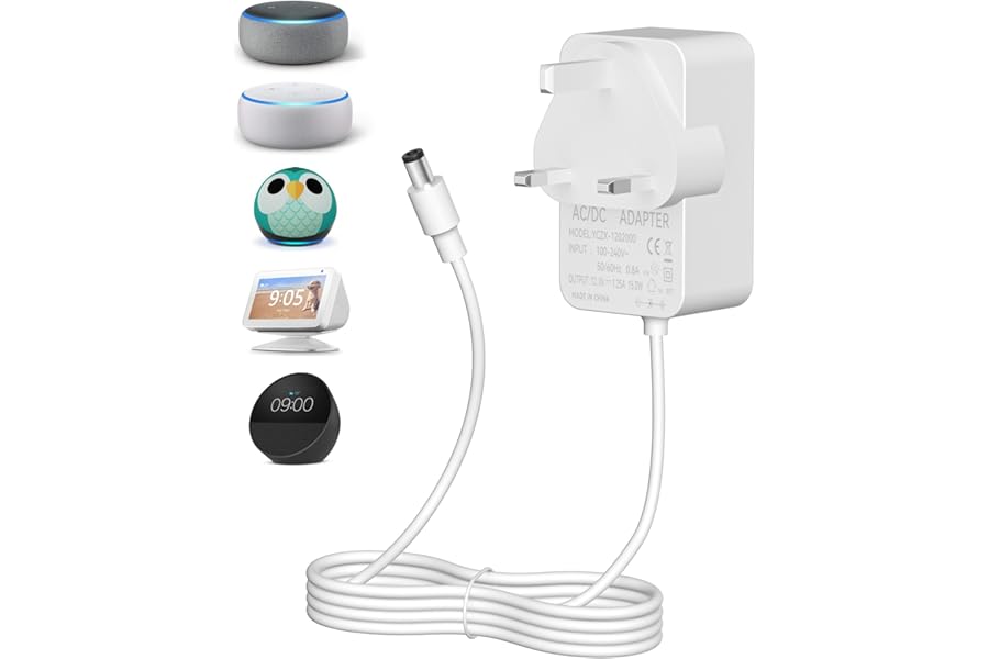 Binamao 12V 1.25A 15W Power Supply Charger Compatible with Echo Dot (3rd/4th/5th Gen) Echo Dot with 3/4 Gen Echo Dot Kids Edition 3/4 Gen Echo Show 5 (1/2Gen) Echo Spot Fire TV Cube, 1.5M Cord - White