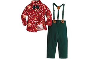 Kunyeah Traje de Navidad para niño pequeño Camisa de manga larga con pajarita y tirantes Pantalones Traje para 9 meses-6 años