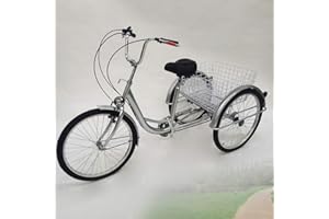 OU BEST CHOOSE 24" 3 Wheel Adult Tricycle with Lamp 6 Speed Bicycle, Shopping Basket Trike Tricycle Pedal Cycling Bike, for Shopping Outdoor Picnic Sports (silver)