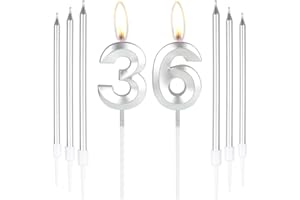 MCISKIN Silver 36th Birthday Cake Candles, Number 36 Candles with 6pcs Long Candles, Party Candles for Cake, Silver Candles Cake Toppers for Boys Girls Men Women 36th Birthday Decorations, Wedding Anniversary