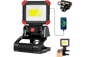 MASMEJOR Faro LED Ricaricabile con Morsetto & Magneti, 2100LM Lampada da Lavoro Ricaricabile con 3 Modalità di Luce, Faro a Batteria 2600mAh, Ideale per Campeggio, BBQ, Lavoro, Pesca