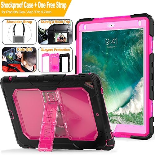 Case for New Apple iPad 9.7" 2017/2018, iPad 9.7 inch 2017/2018Case, SAYMAC Three Layer Heavy Duty Soft Silicone Hard Bumper Kickstand Shockproof Protective Case [Shoulder Strap] for New iPad 2017 2018 9.7''/ iPad Air 2/ iPad Pro 9.7 2016 (Pink/Black)
