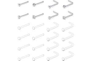 LAURITAMI Clear Nose Studs Hide Piercing Small Flat Top 20 Gauge L Shaped Straight Plastic Retainers for Nose Piercing Invisible for School