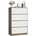 Nicehill Chest of Drawers with 4 Drawers, Wooden Frame & Silver Handles, Fabric Chest of Drawers for Bedroom, Living Room, Hallway, Entryway, White/Light Wood Grain