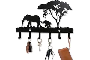 Viiluuxr Metal Key Holder for Wall Africa Elephant Decorative Key Organizer Wall Mounted Hooks Personalized Key Hanger Black 12 Inch. (Elephant)