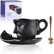 Tazza in ceramica di alta qualità con viso, set di tazze da caffè con piattino: ideale per tutti gli amanti del caffè, adatto al microonde e alla lavastoviglie in elegante bianco e