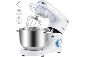 Kitchen in the box Robot Pâtissier 1400W, Bol 6,2L en Acier Inoxydable, 6 Vitesses, Fouet, Crochet et Batteur Inclus, Idéal pour Pâtisserie et Boulangerie (Blanc)