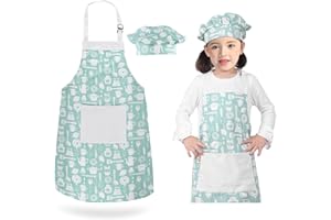 GNEGNI LIFE Kids Apron and Chef Hat Set, 2 Pcs Apron Set for children Adjustable Elastic Art Apron Anti-Fouling Bib Apron for Painting Cooking Boys and Girls