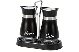 SUVEK Salz und Pfefferstreuer Set, Salzstreuer Gewürzflaschen Klein aus Glas und Edelstahl, Gewürzstreuer Küchenzubehör, Gewürzflaschenbehälter Schwarz für Küche, Unterwegs, Wohnmobil, BBQ Nachzufüllen