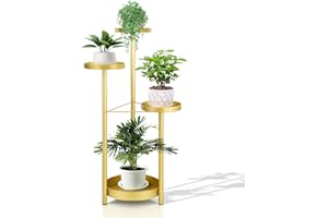 MATEPROX Metalowy stojak na rośliny do użytku wewnątrz i na zewnątrz, 4-stopniowy, składany regał ze złotymi uchwytami na doniczki, narożny regał na rośliny do salonu, sypialni, biura i ogrodu, złoty