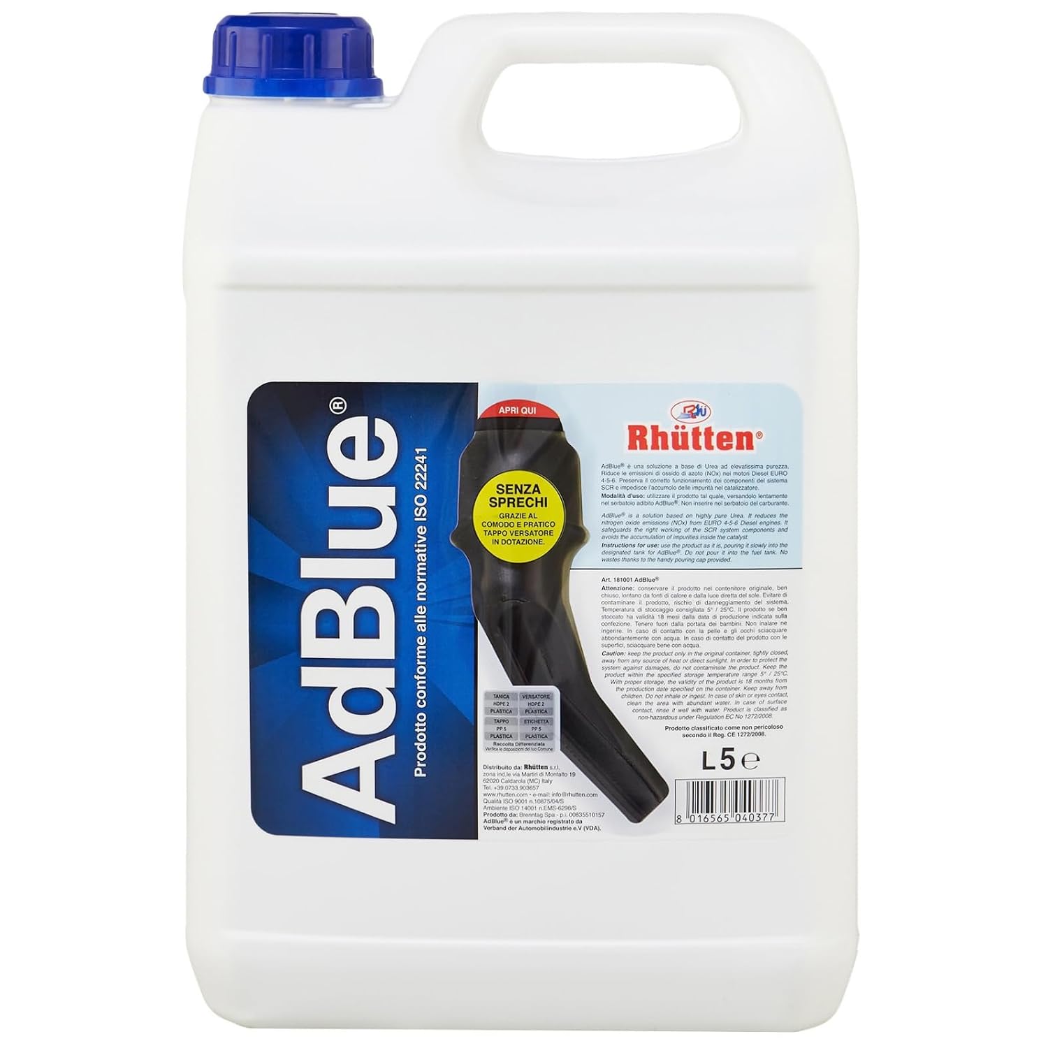 Rhütten AdBlue® 5 Litri con Tappo Versatore, Urea di Sintesi ad Alta Purezza, Conforme ISO 22241, per Motori Diesel con Sistema SCR, Tanica 5 L