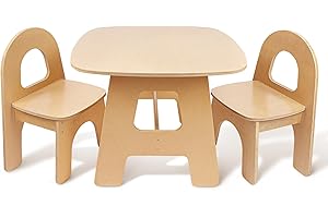 wooshwa Tavolino e Sedie Montessoriana per Bambini, Tavolo Bambini con 2 Sedie, Schienale Curvo, Legno Massiccio, Ideale per Leggere/Mangiare/Giocare, Montaggio Semplice