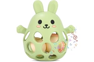 Vuxava Greifball Baby ab 3 Monate – Montessori Beißring BPA-frei – Sensorik Babyspielzeug & Geschenkidee für Neugeborene (Olivgrün, Hase)