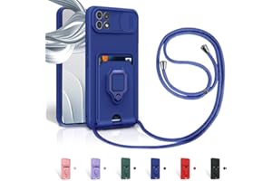 Aithne Case für Samsung Galaxy A22S 5G/A22 5G Handykette Hüll,Slide kameraschutz,Silikon Handyhülle zum Umhängen Kette,360 Grad Ringhalter Stand Kartenfach-Blau