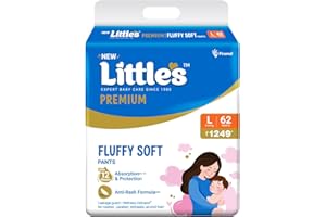 Little's Premium Baby Diapers L Size (Large) Pants Style | 9-14 kg | 62 Count | Super Jumbo FluffySoft Baby Diaper with Leakage Guard, Wetness Indicator & 12 Hours Absorption