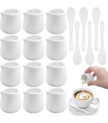 Lot De 6 Petits Pots à Lait En Porcelaine 50 Ml - Avec Cuillère, Bec Verseur, Blanc - 7