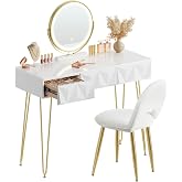 EUGAD Dressing Table with LED Light, Velvet Stool, 3 Drawers, Quick | Rotating Round Mirror, Adjustable Brightness, Vanity Ma