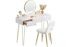 EUGAD 0054SZT Toaletka z oświetleniem LED w 3 kolorach światła, tapicerowane aksamitne krzesło, toaletka z 3 szufladami z litego drewna, z efektem 3D, lustro obracane o 360°, kolor biały + złoty