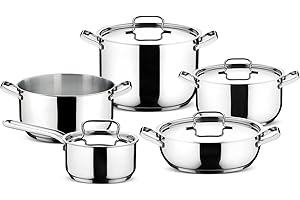 Lagostina Sfiziosa, Set di 9 Pentole con Fondo Lagoseal Plus per Tutti i Piani Cottura, Rivestimento in Acciaio Inox per Rapido Riscaldamento e Cottura Uniforme, Design Elegante di Lunga Durata
