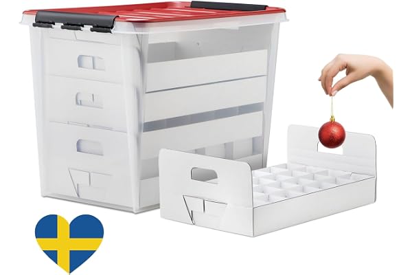 De-Plastik julbollförvaringslåda med lock | Säker & elegant förvaring för jul | julgransboll | julgransdekoration och inredning | 61 liter