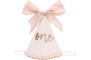 CUNEGRA 1st Birthday Hats, Glitter Number First Birthday Hat with Pink Bow for Baby Girl, Boho Infant Cone Cap for 1 Year Old Photoshoot & Celebration