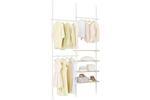 SoBuy Telescopic Clothes Rail, Heavy Duty Clothes Rack, Adjustable Open Wardrobe with Hanging Rails & Shelves for Bedroom, Walk-in Closet White Natural KLS17-WN