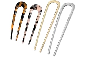 KEYRI 4 PCS French Hair Pins U-Shaped Hair Pins Delicate French Twist Pins for Variety Occasions Gold and Silver Hair Clips Dark and Light Tortoiseshell Clips for Women and Girls (Metal and Acetate)