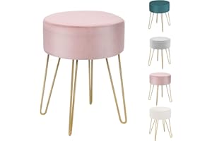 HOMASIS Taburete para Maquillaje de Aseo, puf de Terciopelo, escabel para sofá, Patas de Metal Dorado, Taburete Moderno, 34 x 46 cm (Rosa)
