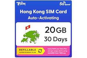 TSIM Hong Kong SIM Card | 20GB Super Economy Refillable Plan! Auto Activating 30 Day Validity | 5G Speed + Hotspot | Data-Only No Phone Number