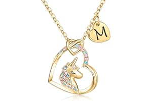 TINGN Regalo para Niñas Collar de Unicornio, Chapado en Oro de 14 Quilates CZ Corazón Colgante Unicornio Collares para Mujer Cadena Oro Inicial Unicornio Regalos de cumpleaños para Niñas Joyería