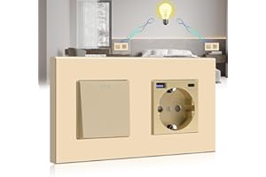 BSEED Interruptor de luz con Enchufe USB/tipo C de carga rápida de 20W,Interruptor de botón de 1 Gang 2 Vías con enchufe Schuko empotrado,Interruptor de cambio con enchufe con marco de PC,Oro