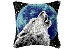LGWG DIY Handarbeit Selbst Knüpfkissen Geknüpft Knüpfen Kissenbezug Stickerei Set (Tier Motiv) Erwachsene Oder Anfänger, Home Dekor/Geschenk,Wolf,16.5 * 16.5in