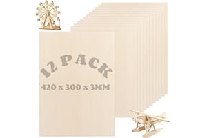 LDHHYH 12 Pack 3mm Plywood Sheets, 420 x 300mm Basswood Sheets A3 Thin Plywood Board, Unfinished Wood Boards for Crafts, Model Making, Wood Burning Hobby, etc