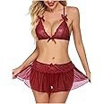 BELLEVINO Women's Mini Chemise Baby Doll Lingerie Set Net & Lace Fabric Above kneee Solid Design Nightwear Honeymoon Anniversary, Valentine Gift Dress for Ladies