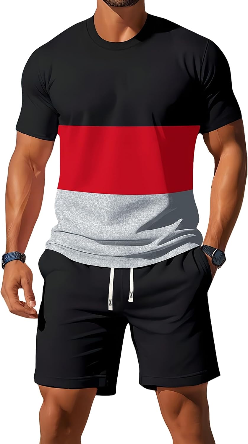 Conjunto de 2 piezas de camiseta ligera de manga corta con bloques de tres colores para hombre, a la moda, casual, vacaciones, deportes, fitness