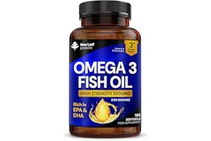 NEW LEAF PRODUCTS Omega 3 2000mg Capsules - High Dose Fish Oil - Enriched with Vitamin E - Two A Day Pure Fish Oil Gel Capsules - Helps Maintain Healthy Eyes, Brain Function, & Skin - GMO-Free, GMP, & UK Made