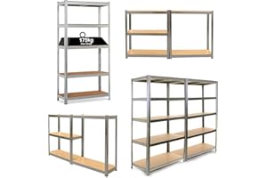 Zanbeel 5-Tier Garage Shelving Unit – Metal Racking, Steel & MDF Boltless Shelves Metal Shelving Unit Heavy Duty 175kg Capacity Per Shelf, Galvanized (150x70x30cm)